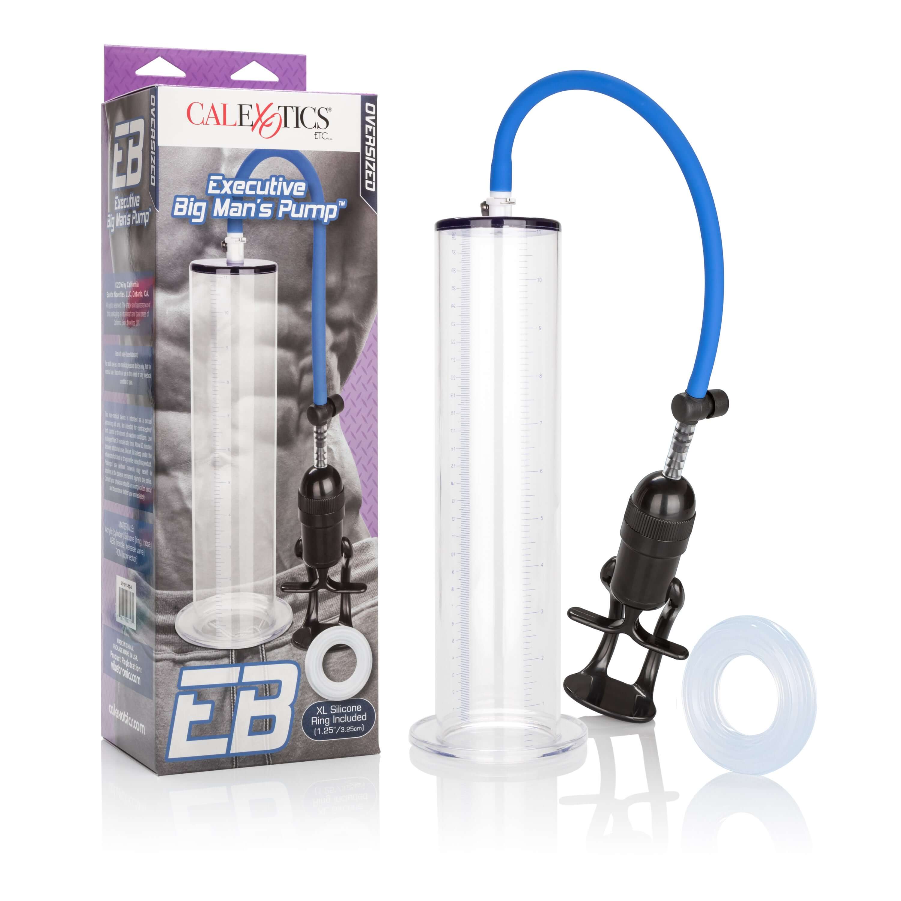 Image of the Executive Big Mans Penis Pump featuring clear cylinder and accessories for enhanced stability and comfort.