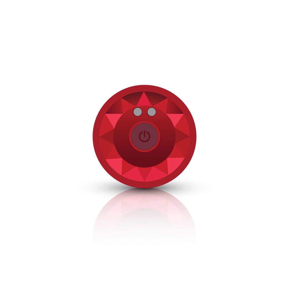 Vibrating Red Metal Remote Plug Medium with a glossy red finish and power button, sleek modern design.