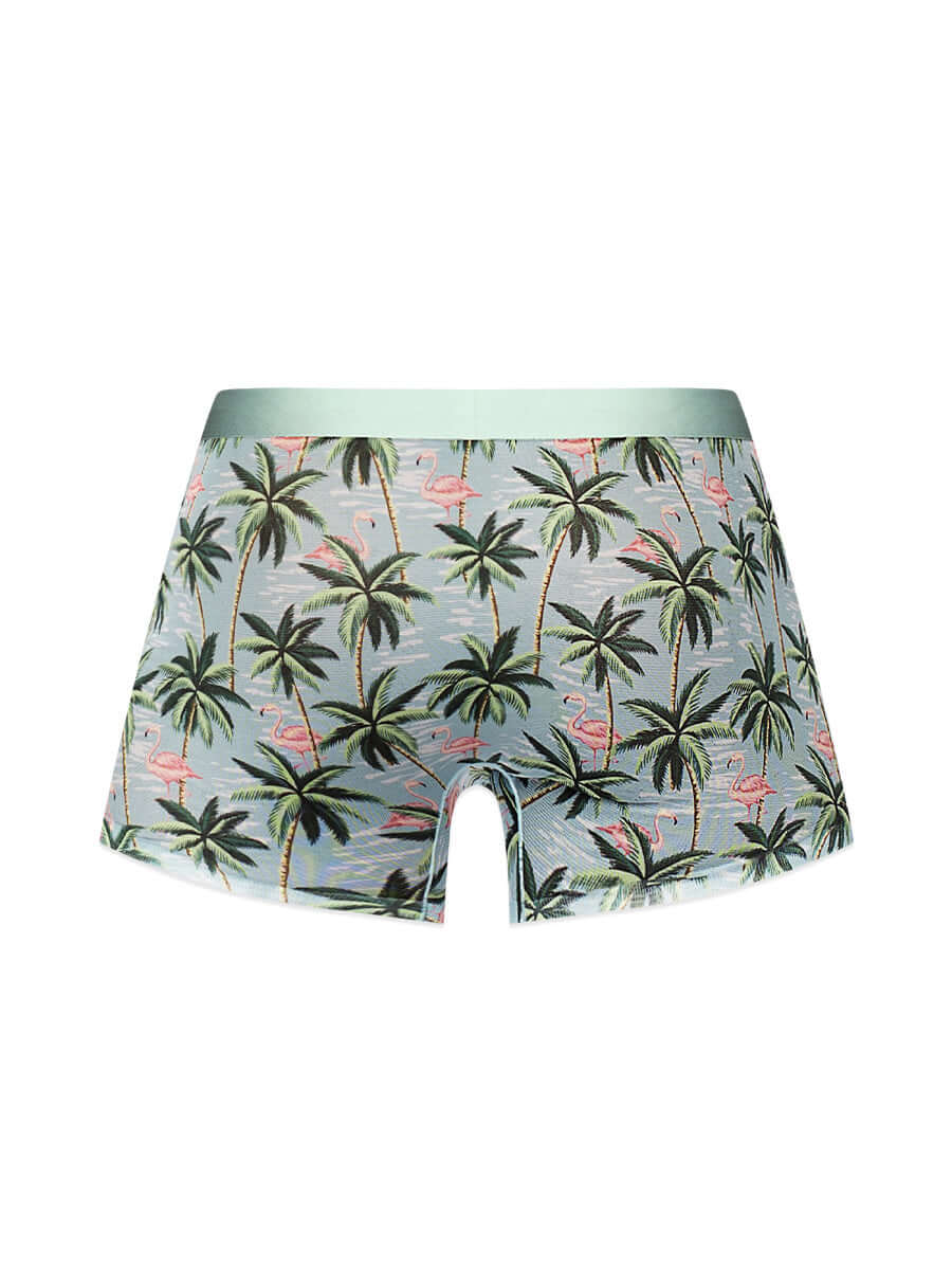 Sheer Prints seamless sheer short with flamingo and palm tree print, double-lined pouch, and thin elastic waistband for men in small size