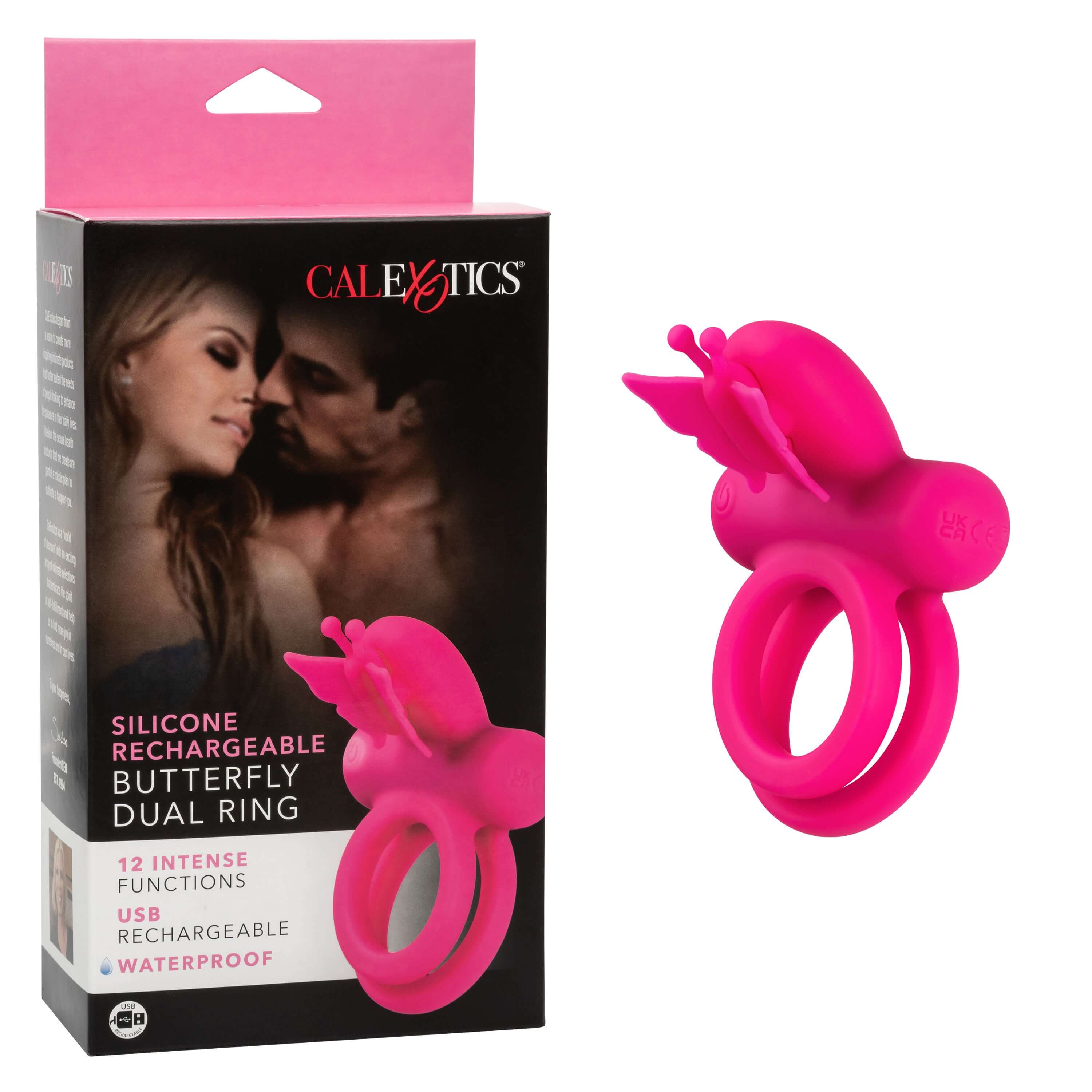 Silicone Rechargeable Dual Butterfly Ring Pink in packaging, designed for couples' pleasure with intense functions.