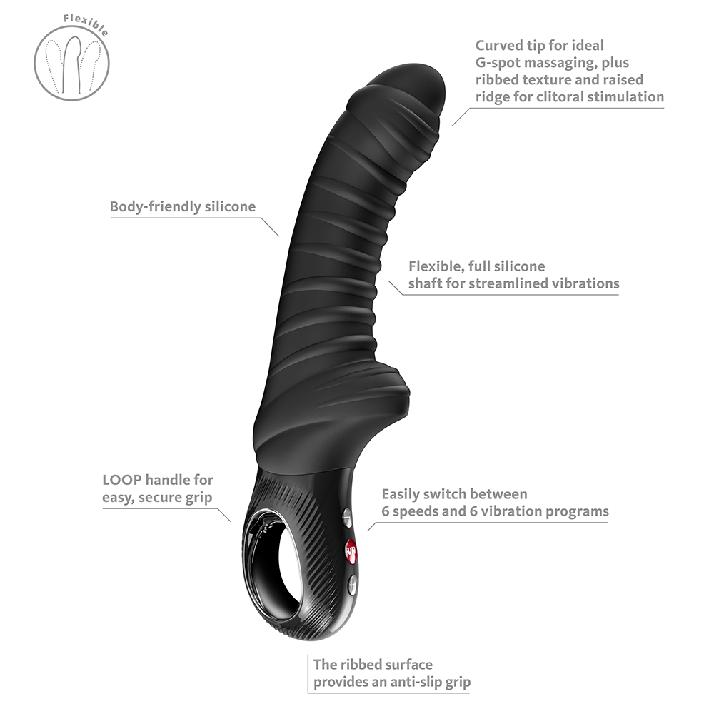 Fun Factory Tiger G-Spot Vibrator Black features flexible silicone, ribbed design, and 12 vibration modes for enhanced pleasure.