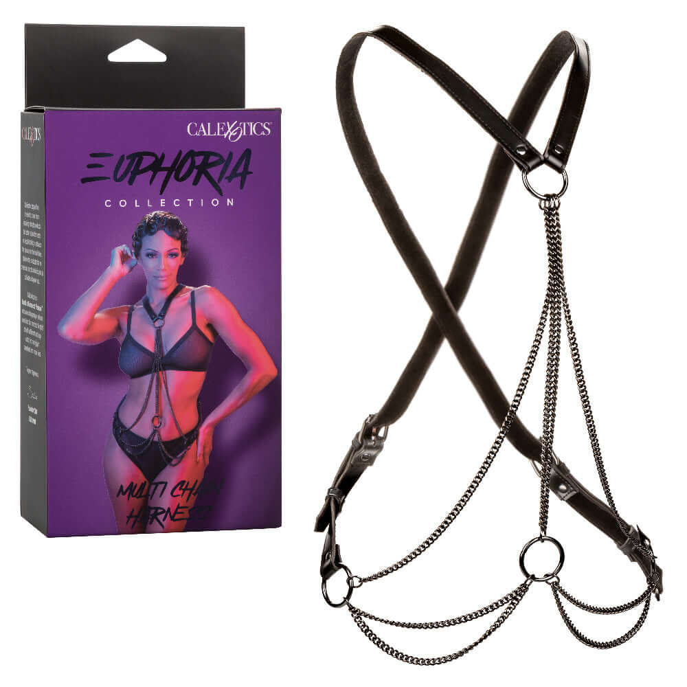 Euphoria Collection Multi Chain Harness in black with cross back design and heavy-duty chains - modern and sensual accessory.