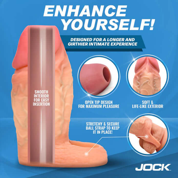 Jock Silicone Penis Extension Sleeve Light, designed for longer and girthier intimate experiences with a smooth interior and life-like exterior.