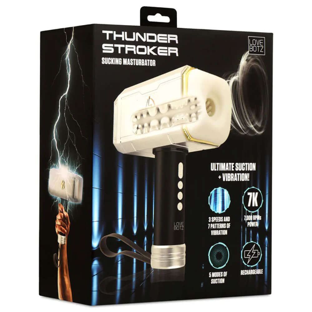 Thunder Stroker Sucking Masturbator Silver packaging showcasing features like suction, vibration, and rechargeable design.