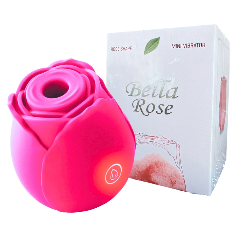 Bella Rose Pink Silicone Rechargeable Vibrator in a rose shape with packaging, designed for discreet pleasure.