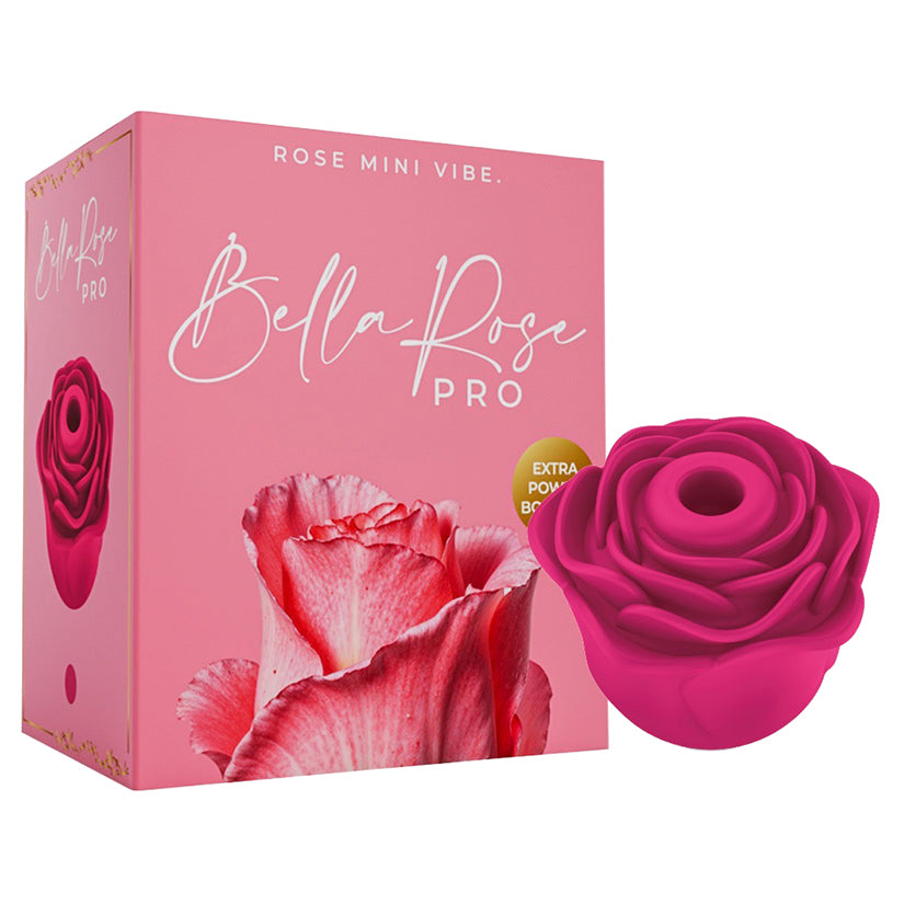 Bella Rose Pro Rechargeable Clitoral Suction Vibrator in floral packaging showcasing its vibrant design.