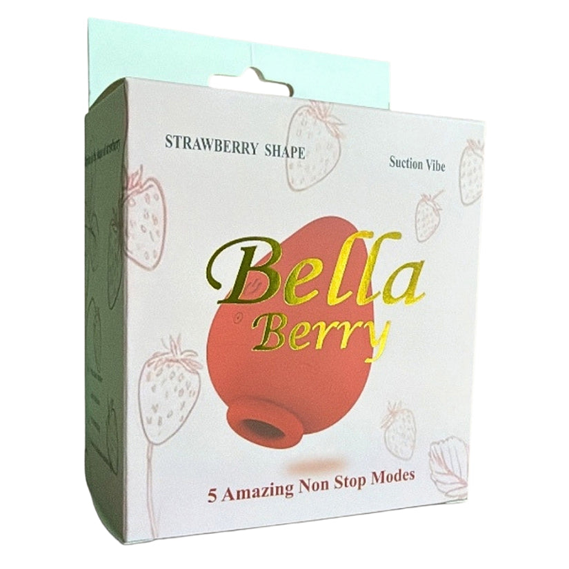 Bella Berry Silicone Clitoral Vibrator Red packaging showcasing strawberry shape and 5 amazing non-stop modes.