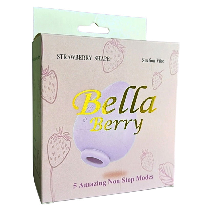 Bella Berry Purple Silicone Clitoral Vibrator packaging featuring fruit-inspired design and suction vibe options.
