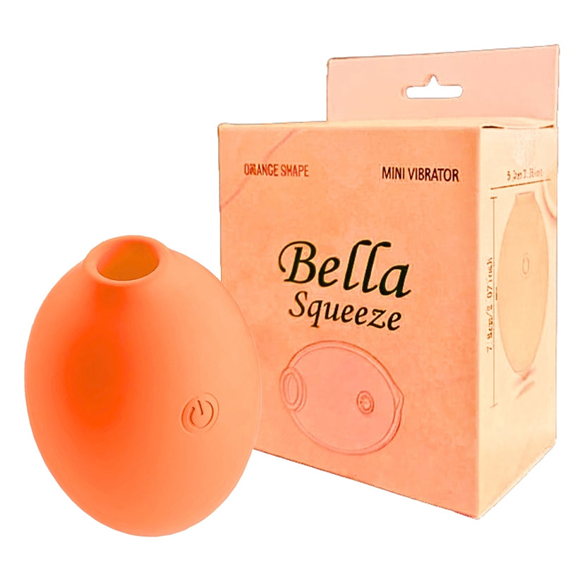 Bella Squeeze Orange Shaped Mini Vibrator displayed alongside its box, showcasing playful design and compact size.