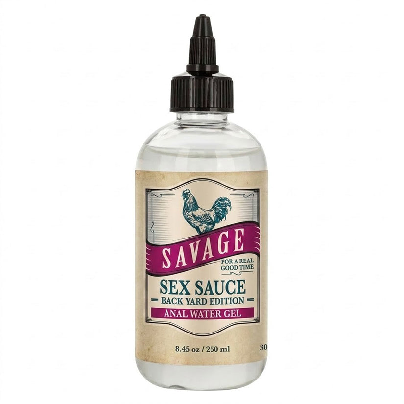 Savage Sex Sauce Backyard Edition Anal Gel 8.45 Oz bottle with a label featuring a rooster and water-based formula.