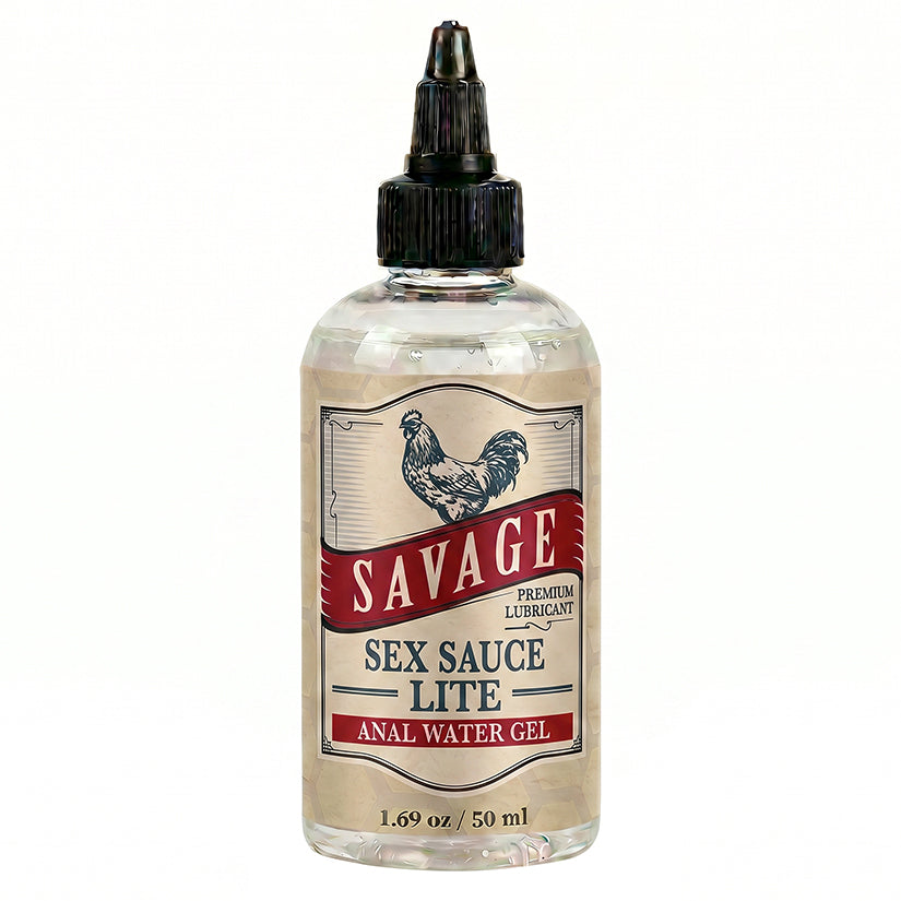 Savage Sex Sauce Lite 1.69 Oz Water-Based Lubricant in a clear bottle with a black dropper.