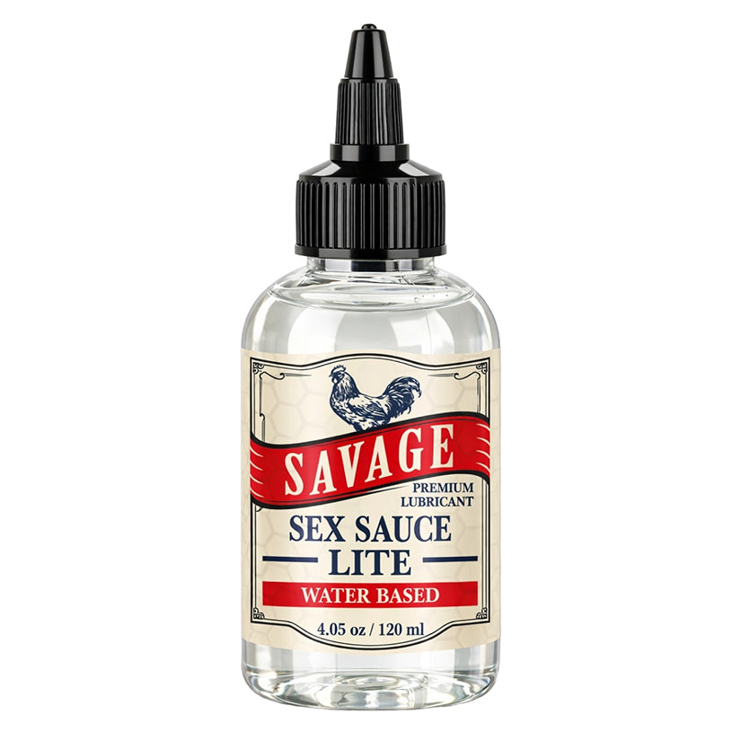 Savage Sex Sauce Lite Water-Based Lubricant 4.05 Oz bottle on a white background.