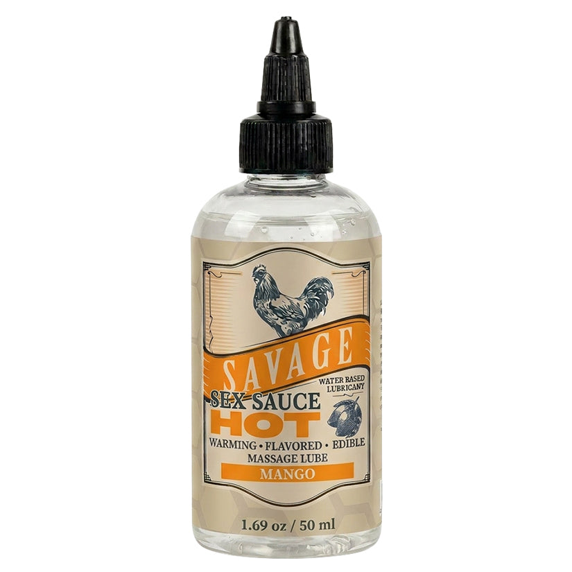 Savage Sex Sauce Hot Mango Flavored Lube 1.69 Oz bottle with warming sensations and edible mango flavor.