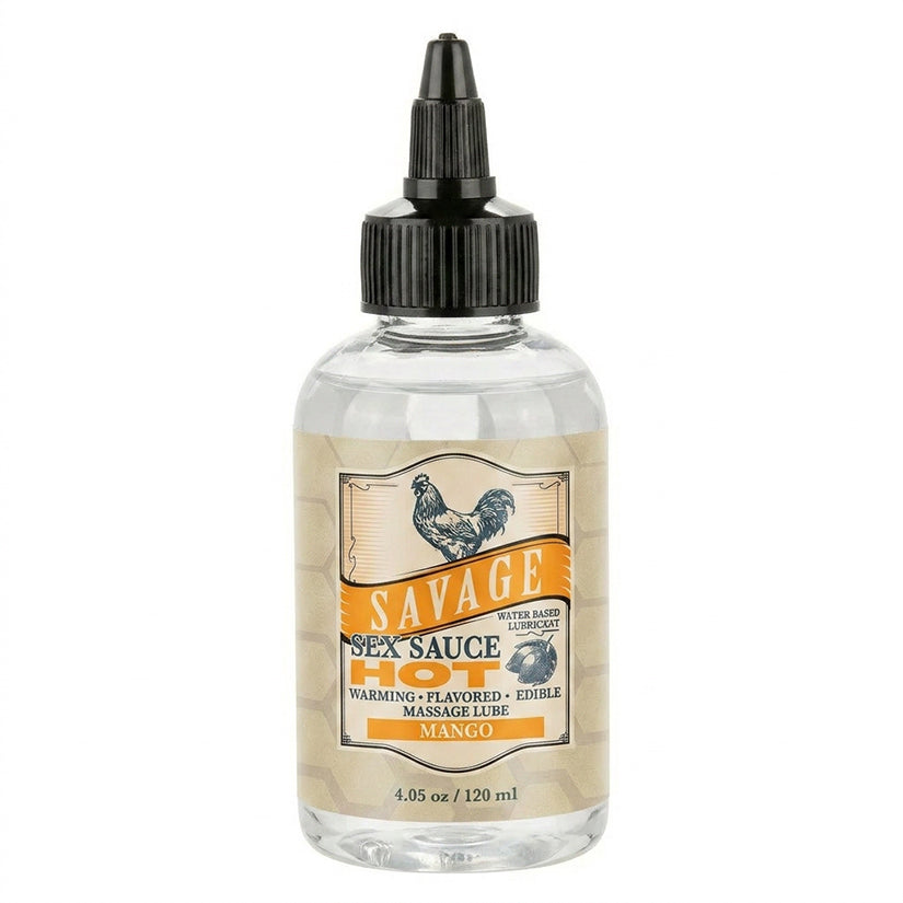 Savage Sex Sauce Hot Mango Flavored Lube 4.05 oz in a clear bottle with a black cap, perfect for intimate play.