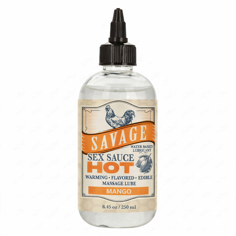 Savage Sex Sauce Hot Mango Warming Lube 8.45 oz water-based edible massage glide bottle.