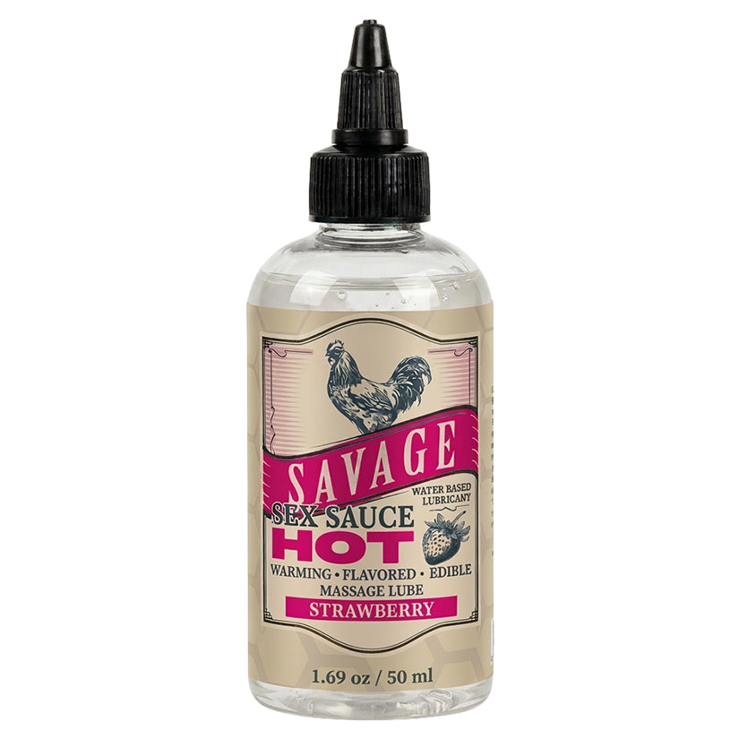 Savage Sex Sauce Hot Strawberry Warming Lube 1.69 oz bottle with water-based lubricant and warming sensations.