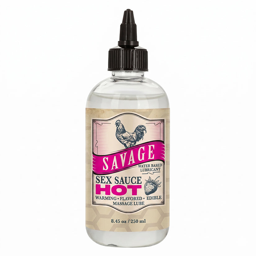Savage Sex Sauce Hot Strawberry Warming Lube 8.45 oz bottle with label highlighting warming, flavored, and edible features.
