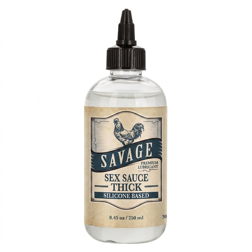 Savage Sex Sauce Thick 8.45 Oz Silicone Lubricant bottle with a distinctive label design.