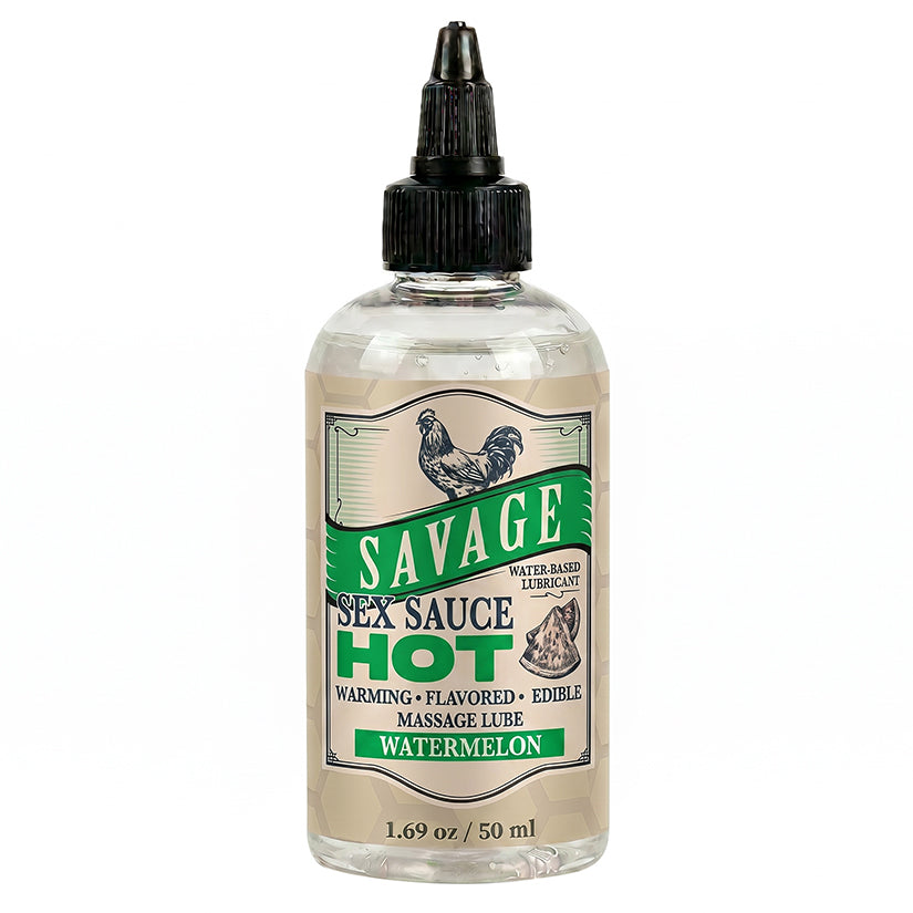 Savage Sex Sauce Hot Watermelon Warming Lube 1.69 oz bottle with packaging design and black cap