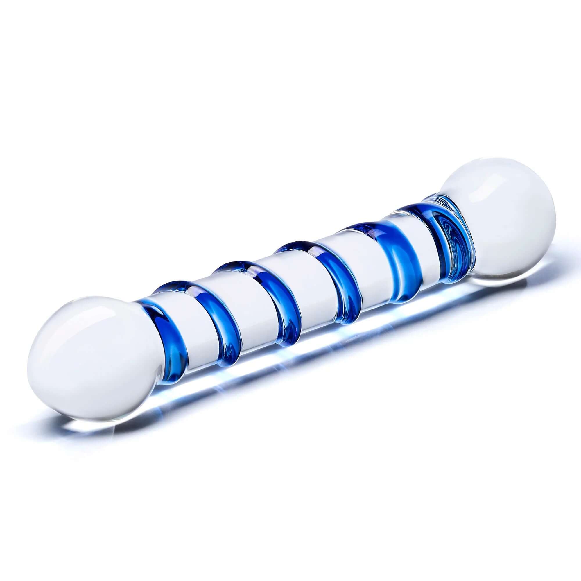 6.5 inch spiral glass dildo with blue raised spiral design, teardrop-shaped tip, and smooth bulb end for ultimate pleasure and internal massage.