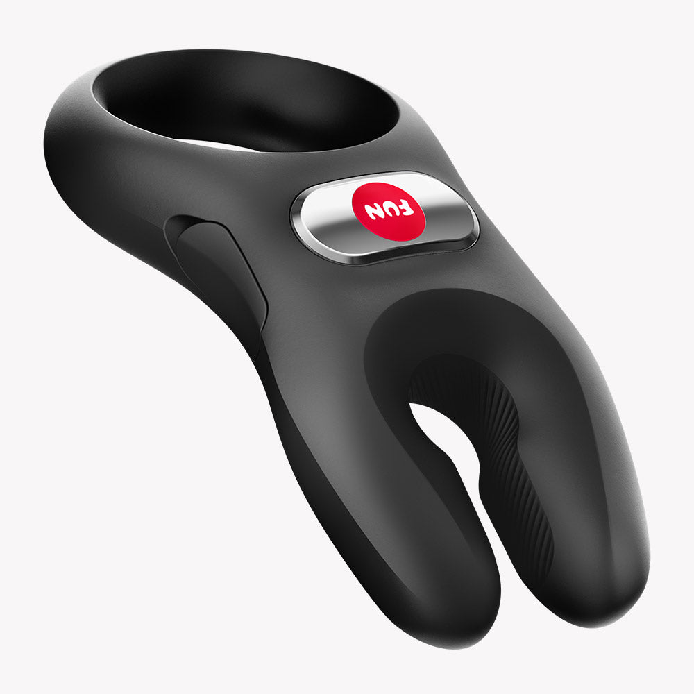 Fun Factory Nos Classic Vibrating Cock Ring Black features dual-motor stimulation and ergonomic design for enhanced pleasure.