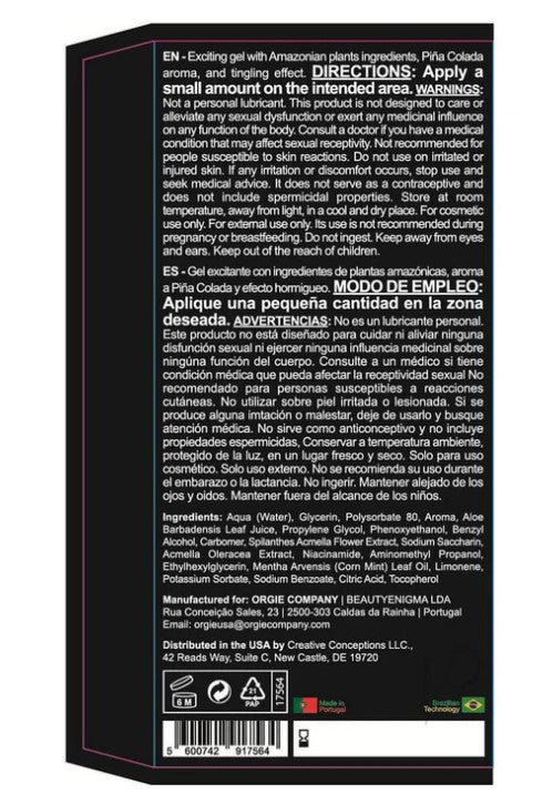 Orgie Dual Vibe Pina Colada Kissable Liquid Vibrator 15 ml back label with directions and ingredients.