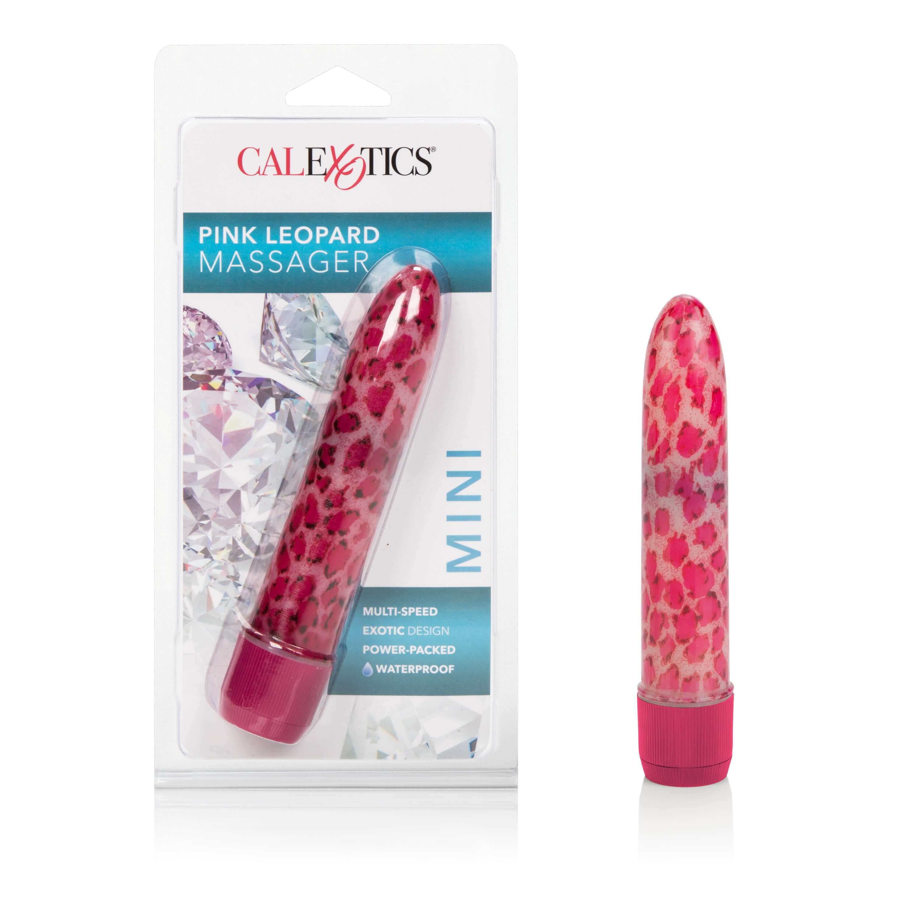 Pink Leopard Massager 4.25 inches in packaging, designed for powerful stimulation and elegant style.
