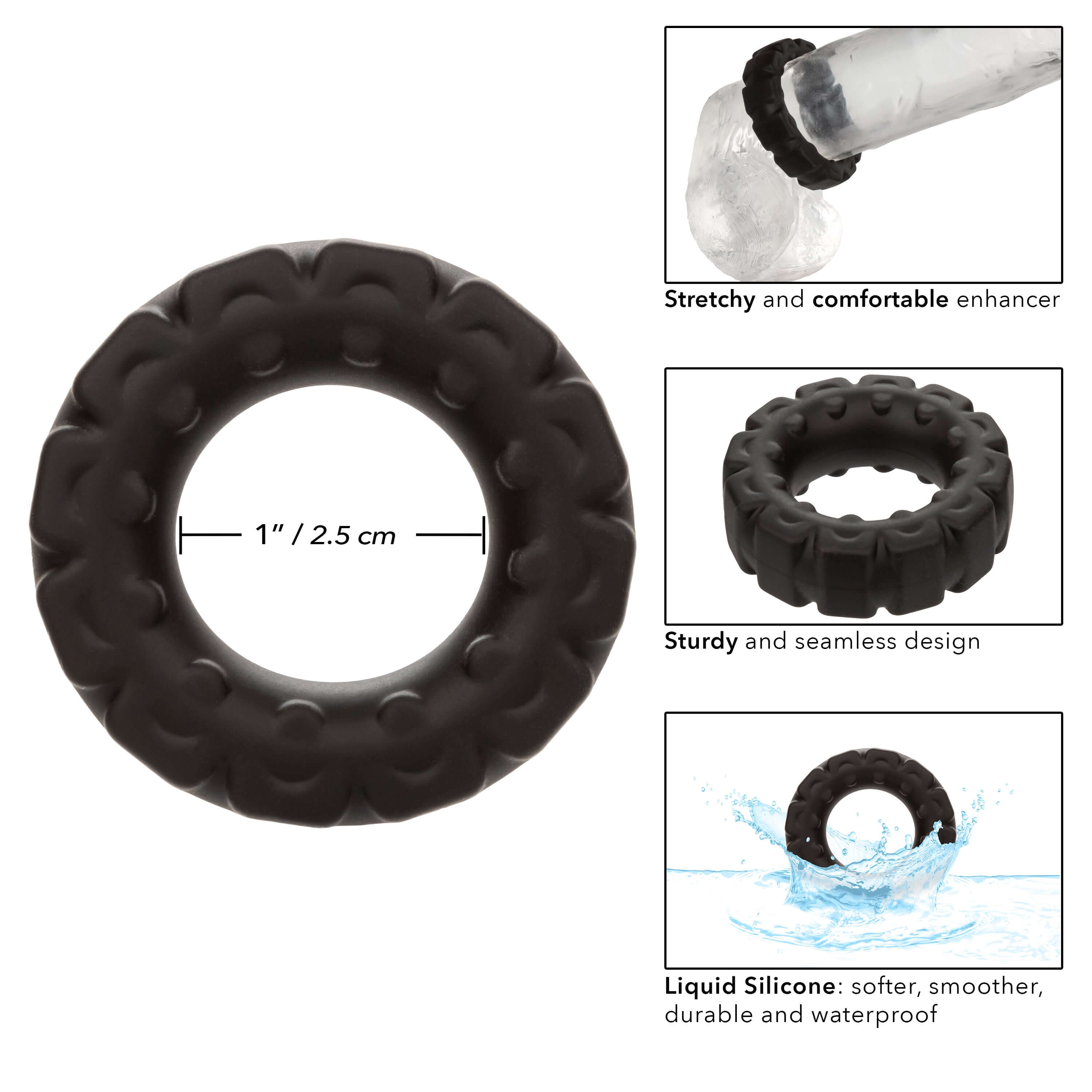 Alpha Liquid Silicone Prolong Tread Ring in black, showcasing stretchy design, sturdy construction, and waterproof features.