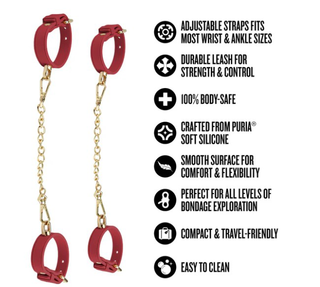 Temptasia Ardor Wrist and Ankle Restraints Red features adjustable straps, durable chain, and body-safe silicone for comfort.