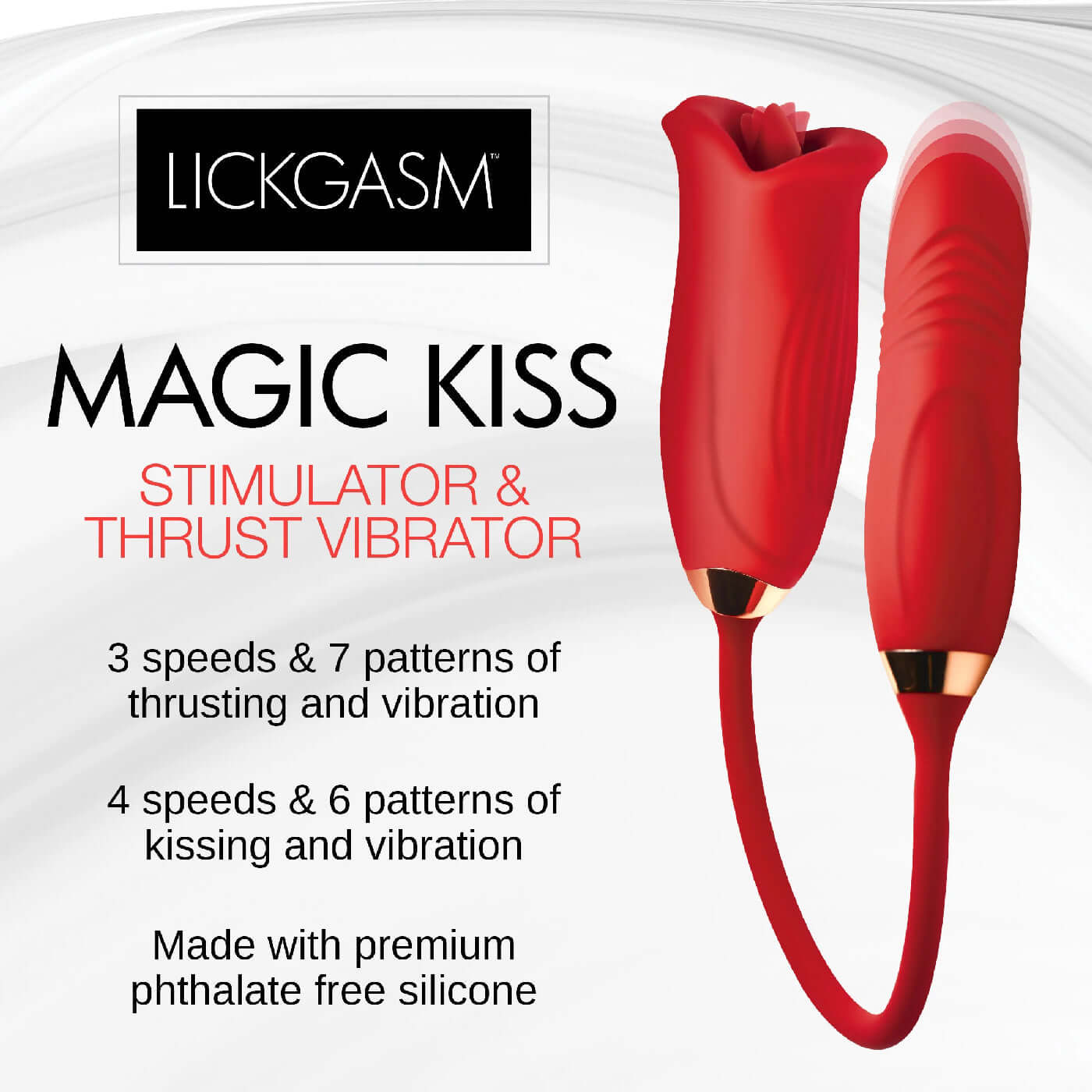 Magic Kiss Kissing Clitoral Stimulator and Thrusting Vibrator by Lickgasm - Red - 3 speeds, 7 patterns thrusting, 4 speeds, 6 patterns kissing