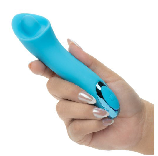 Kroma Turbo Exciter Rechargeable Mini Massager Blue held in a hand, showcasing its sleek design and pinpoint tip.