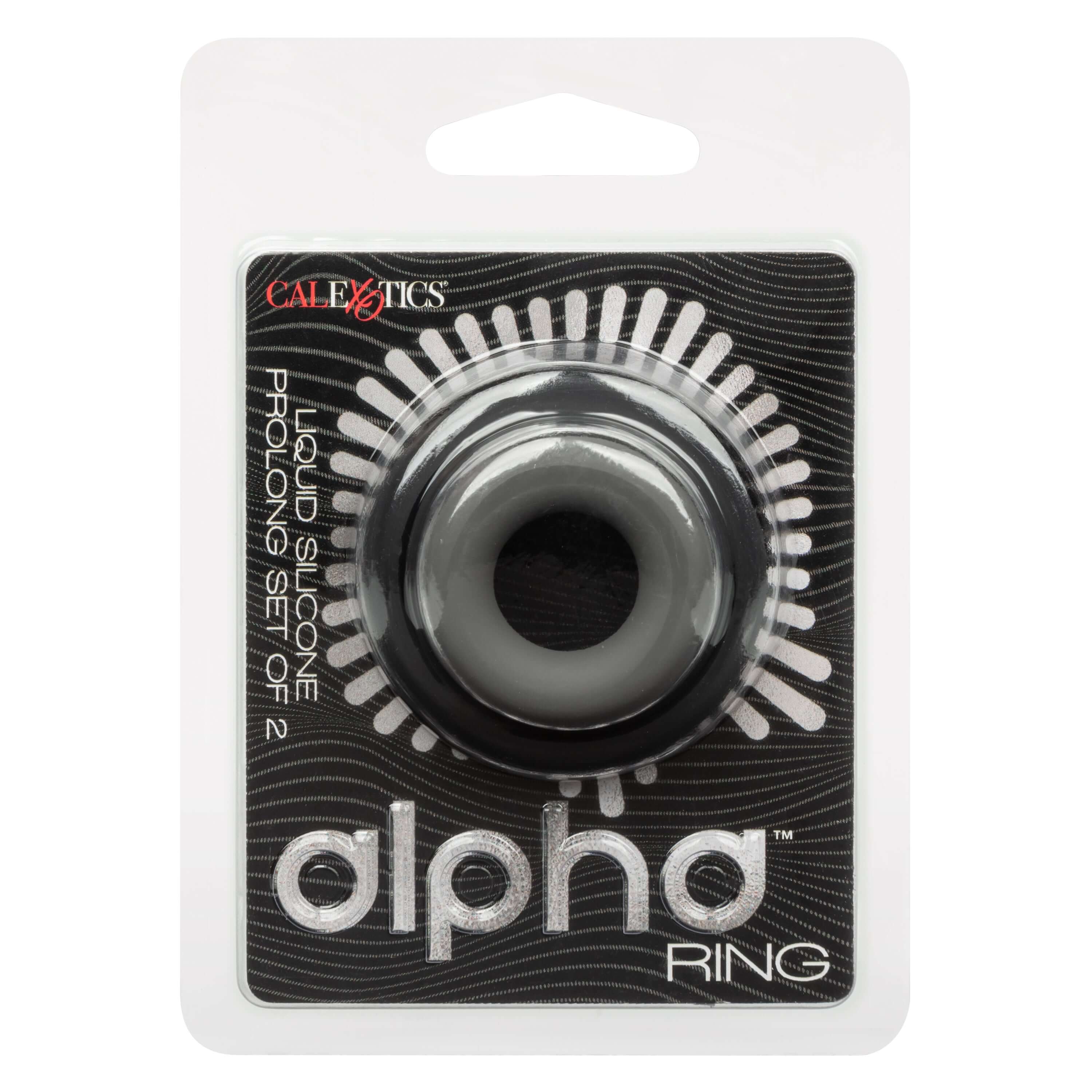 Alpha Liquid Silicone Prolong Set of 2 Black Gray package showing enhancement ring design.