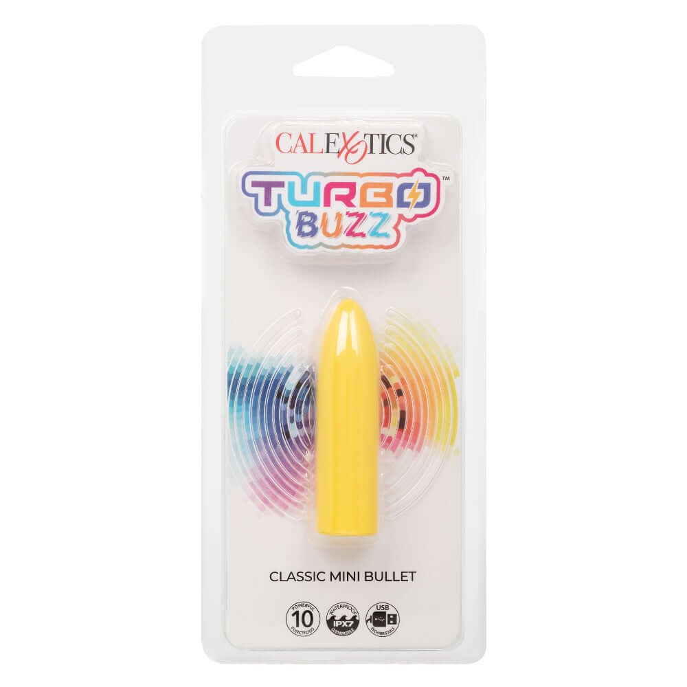 Turbo Buzz Classic Mini Bullet - Yellow in packaging with 10 vibration functions