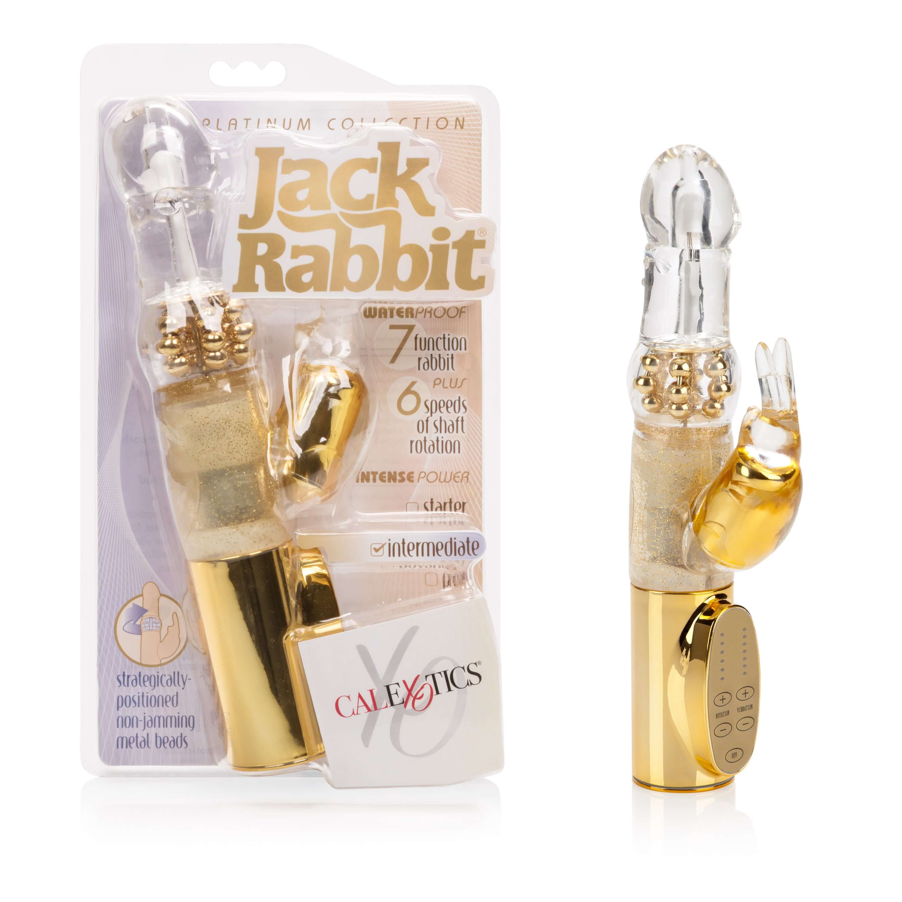 Platinum Jack Rabbit Vibrator Gold in packaging showing features and design.