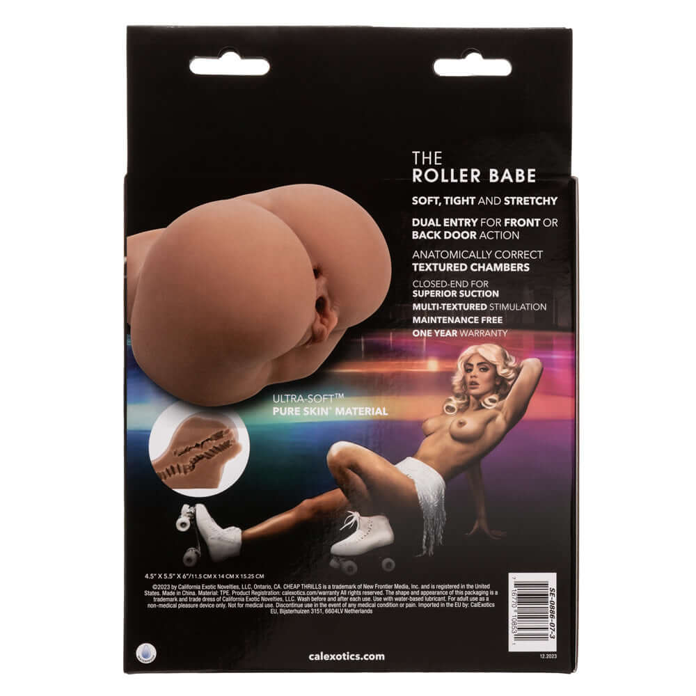 Back packaging of Cheap Thrills The Roller Babe Masturbator showcasing features and Pure Skin material.