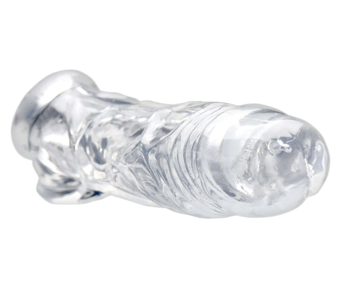 Realistic Clear Penis Enhancer & Ball Stretcher featuring a lifelike design and transparent exterior.