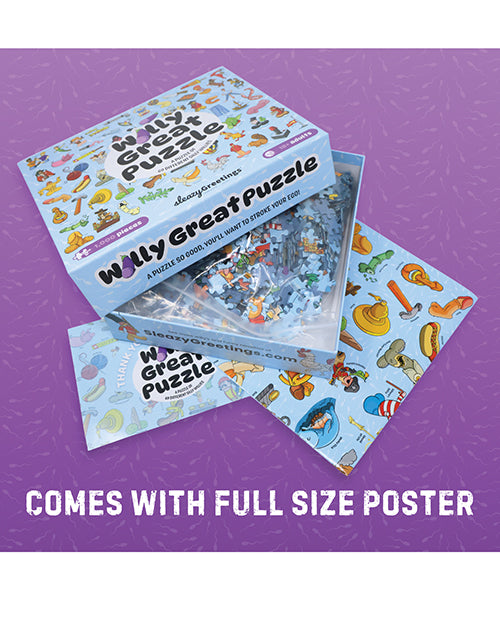 Willy Great Puzzle Funny Penis 1000 Piece Jigsaw Puzzle box with colorful pieces and a full-size poster.