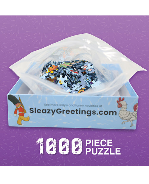 Willy Great Puzzle Funny Penis 1000 Piece Jigsaw Puzzle box with colorful pieces displayed.