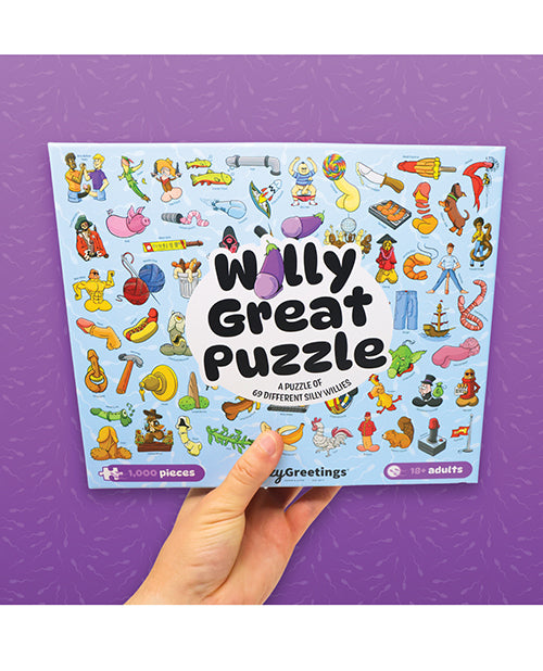 Willy Great Puzzle Funny Penis 1000 Piece Jigsaw Puzzle packaging featuring colorful illustrations and humor.