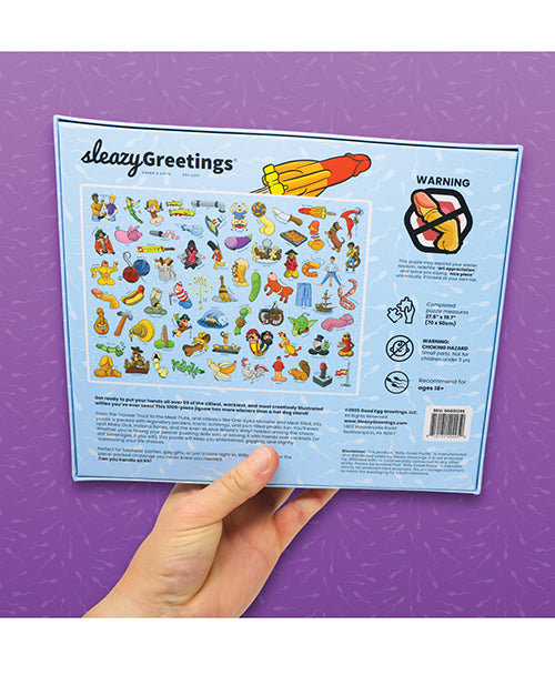 Willy Great Puzzle Funny Penis 1000 Piece Jigsaw Puzzle back cover featuring colorful cartoon illustrations and warning label.