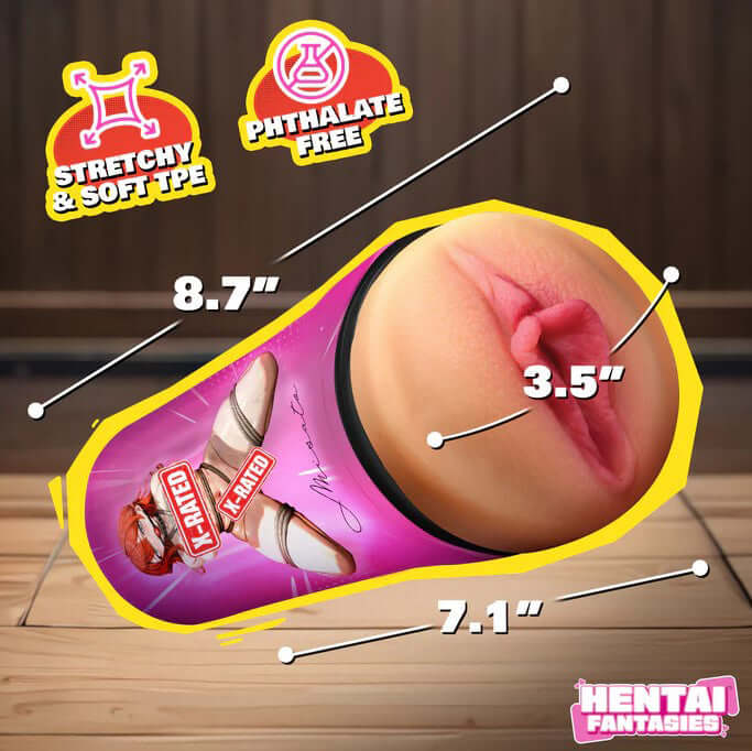 Misato the Shibari Girl Pussy Masturbator Beige with measurements highlighted on flexible, phthalate-free stroker design.