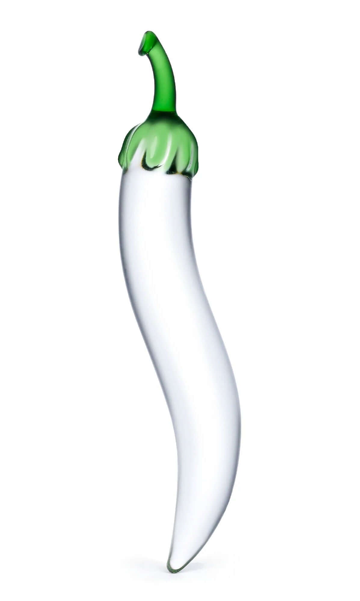 Glass Naturals Chili Pepper Dildo with curvaceous silhouette and vibrant green stem for discreet and pleasurable stimulation