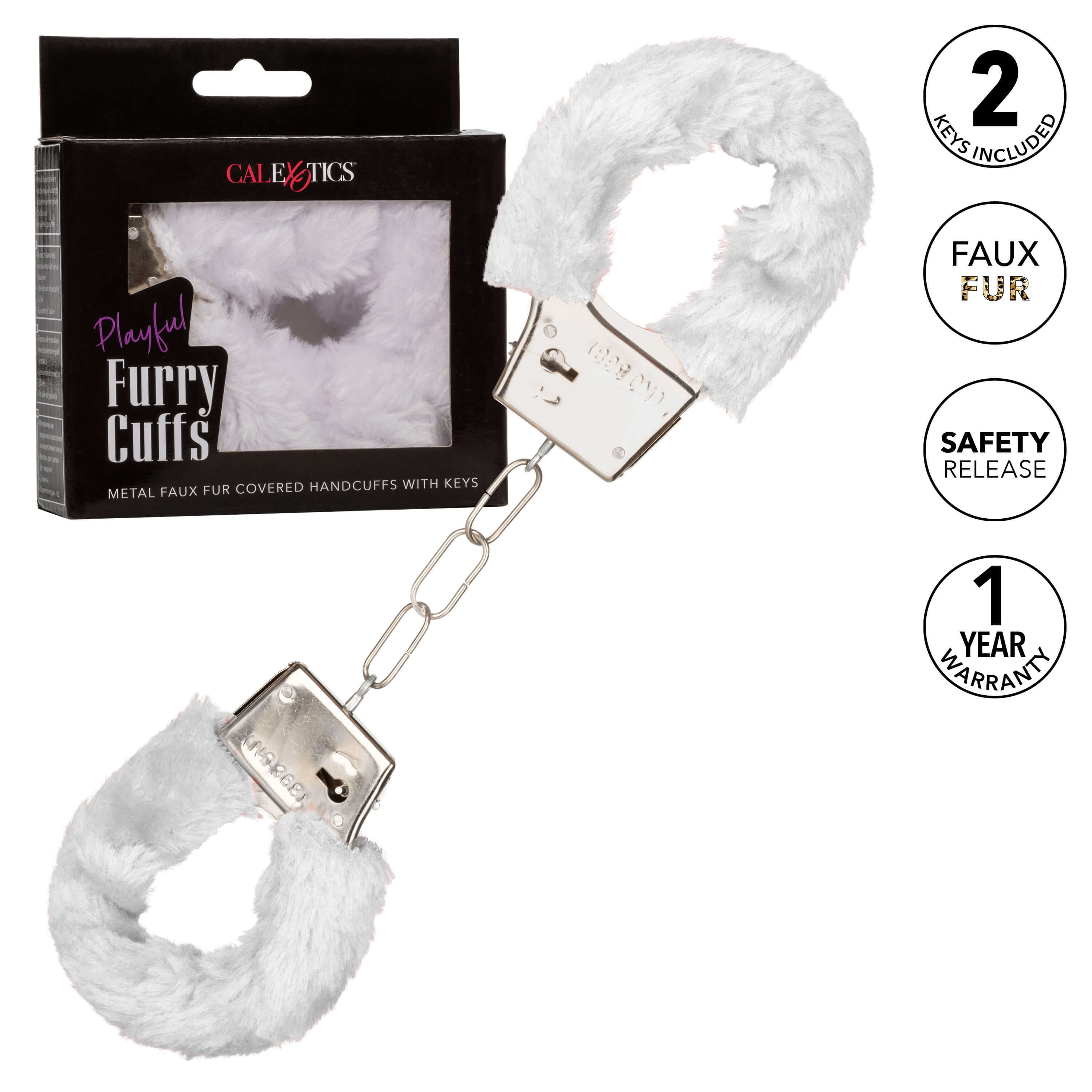 Playful Furry Cuffs White with faux fur padding, metal construction, and two keys included for safe bondage play.