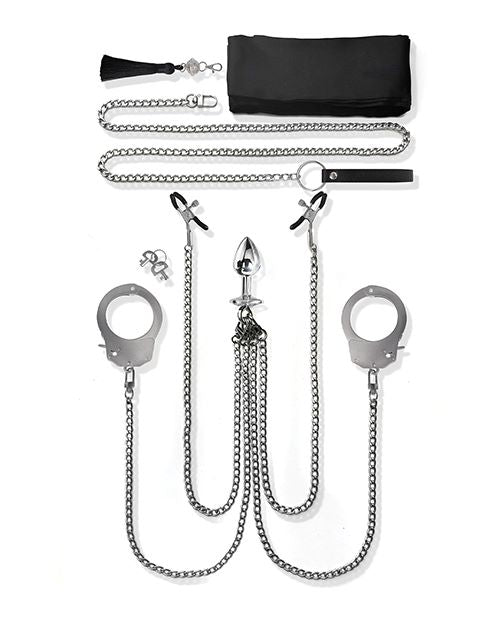 Nixie Interchangeable 8 pc Bondage Kit Silver components including cuffs, chains, leash, and satin restraint sash.