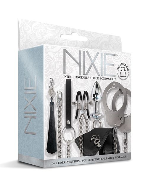 Nixie Interchangeable 8 pc Bondage Kit Silver packaging showcasing premium bondage accessories.