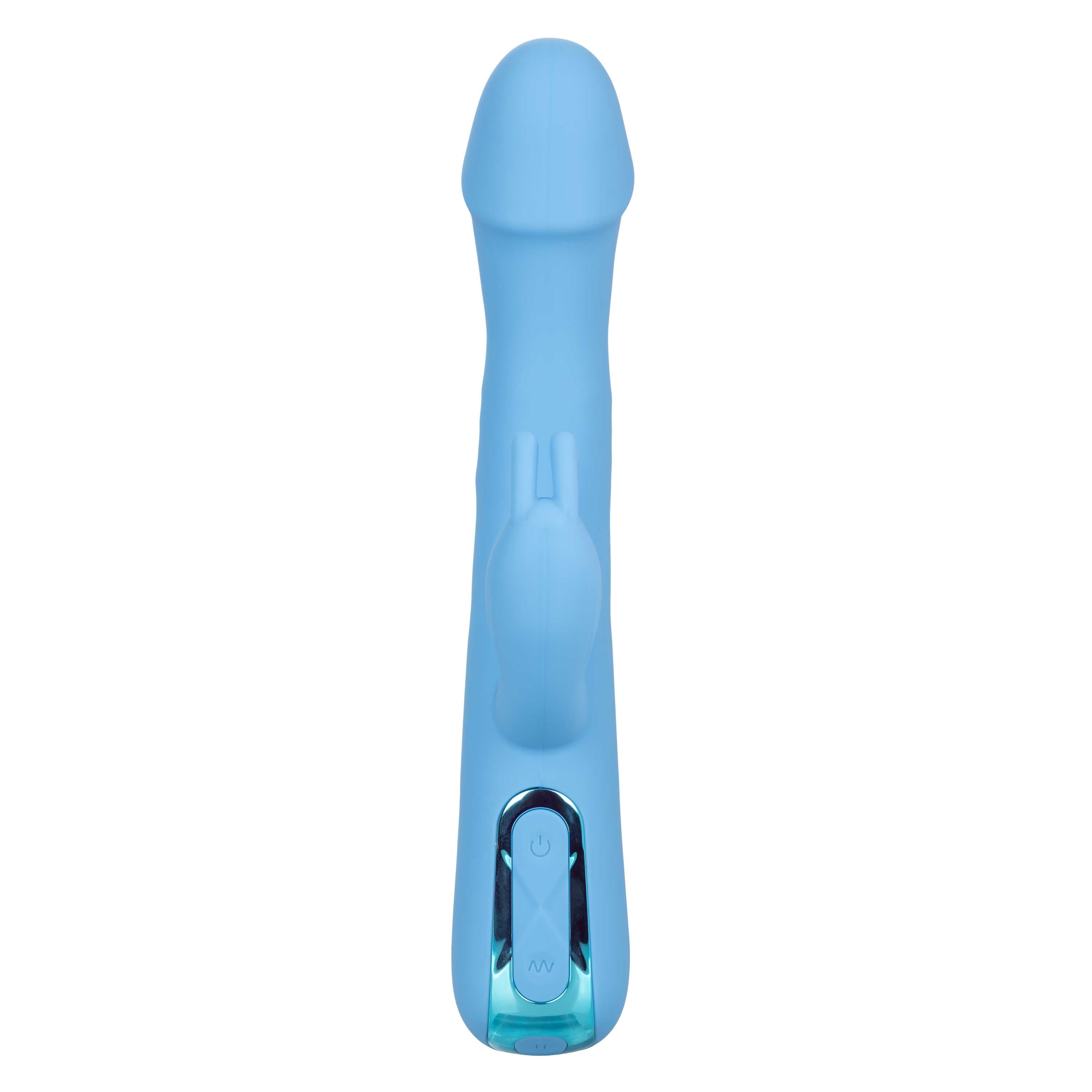 Jack Rabbit Elite Rotating Rabbit Vibrator Blue showcasing its design and controls features.