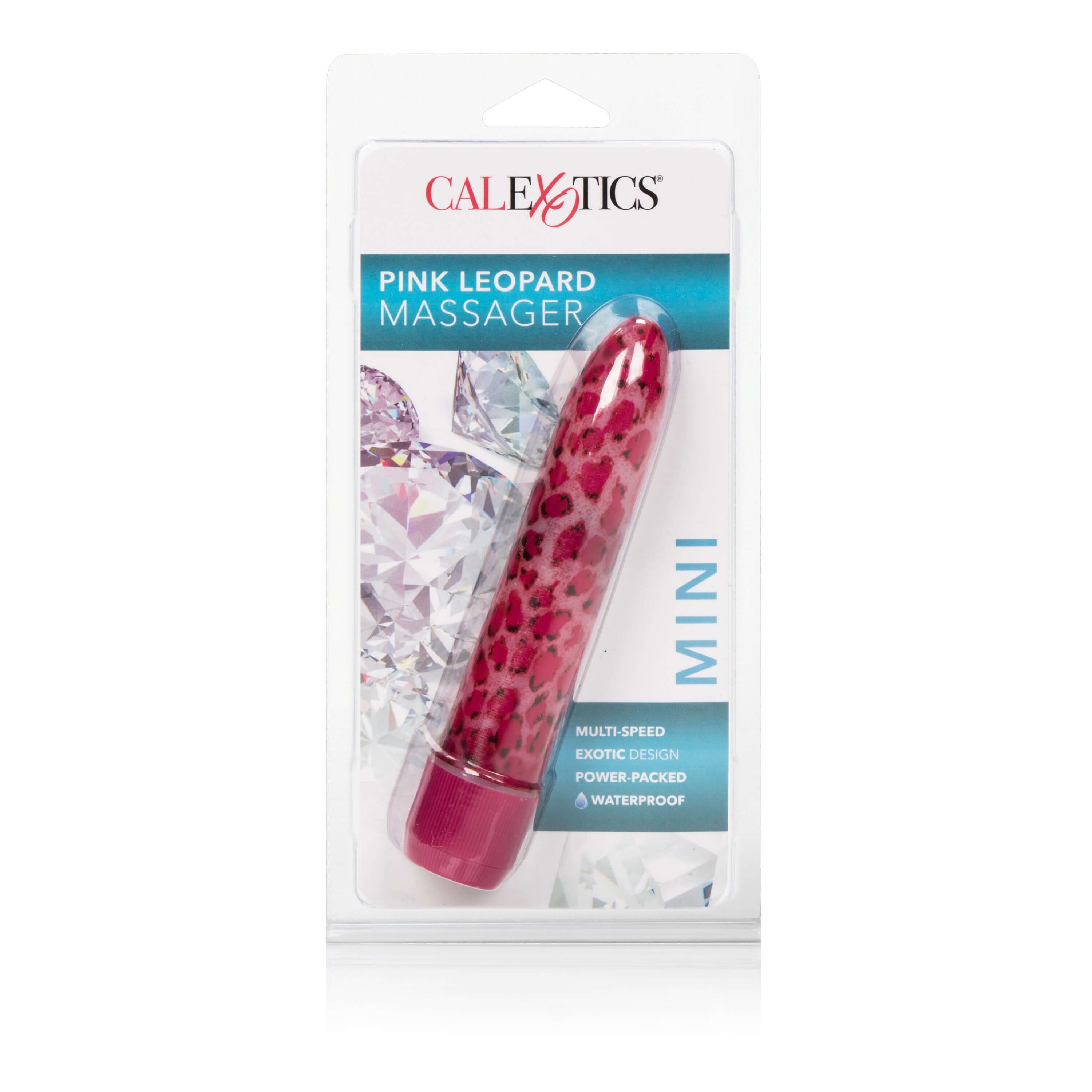 Pink Leopard Massager 4.25 inches in packaging, featuring multi-speed and waterproof design, by California Exotic Novelties.