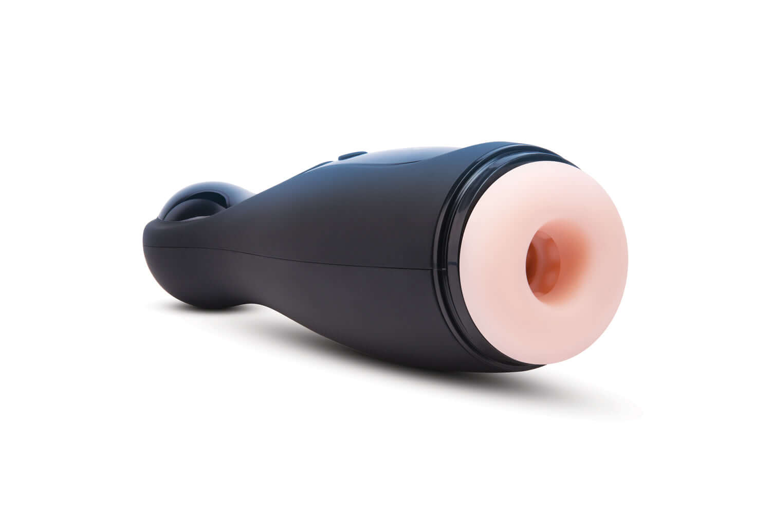 ZOLO Blowpin vibrating blowjob penis massager in sleek black design with realistic pink internal texture.