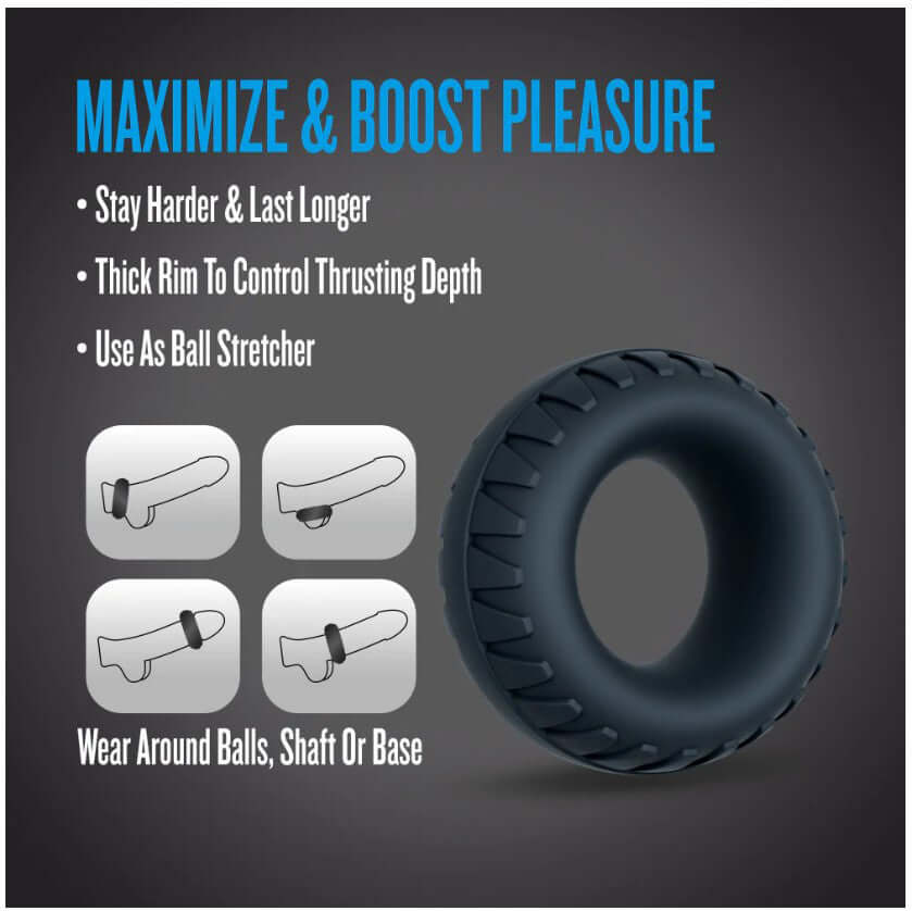 Performance Plus Traction Silicone Cock Ring Black with text highlighting features for enhanced pleasure and performance.