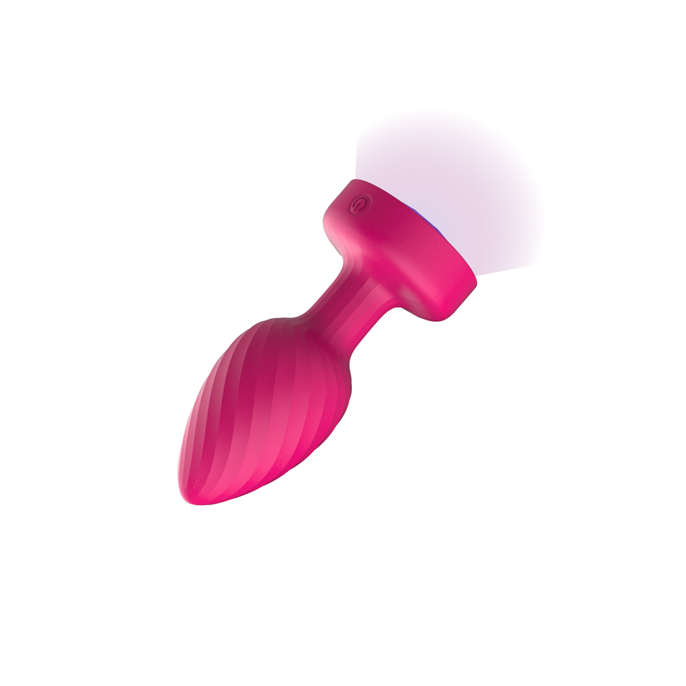 Twila Twirling Purple Gem Light Up Vibrating Plug With Heart Remote displayed in vibrant pink with illuminated features.